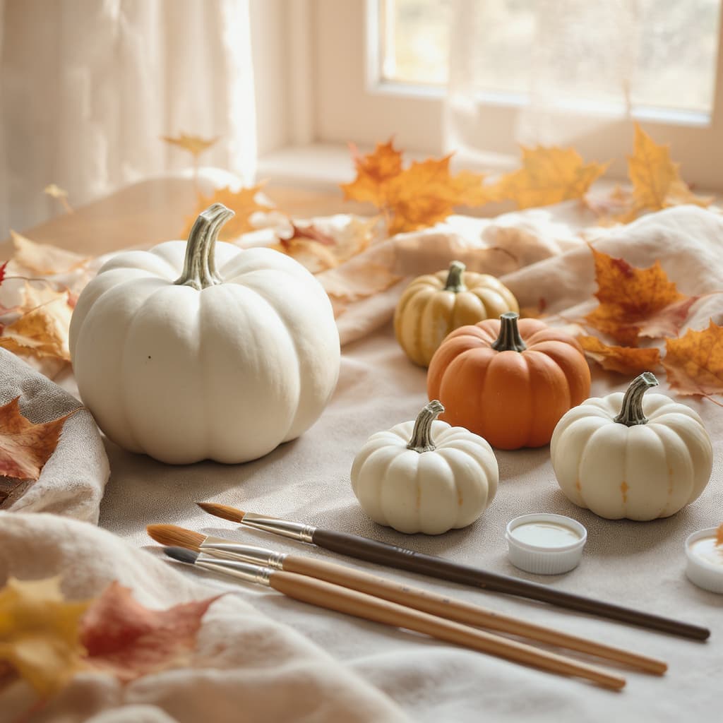 A generated concept render of the Fall Pumpkin Kit — three painted mini pumpkins, gem cabochons, raffia bows, on a warm shelf.